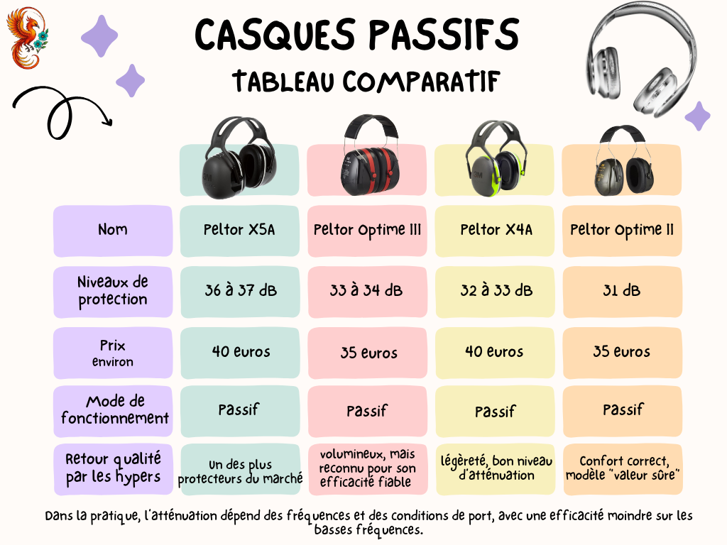 Tableau comparatif - Les casques antibruit passifs