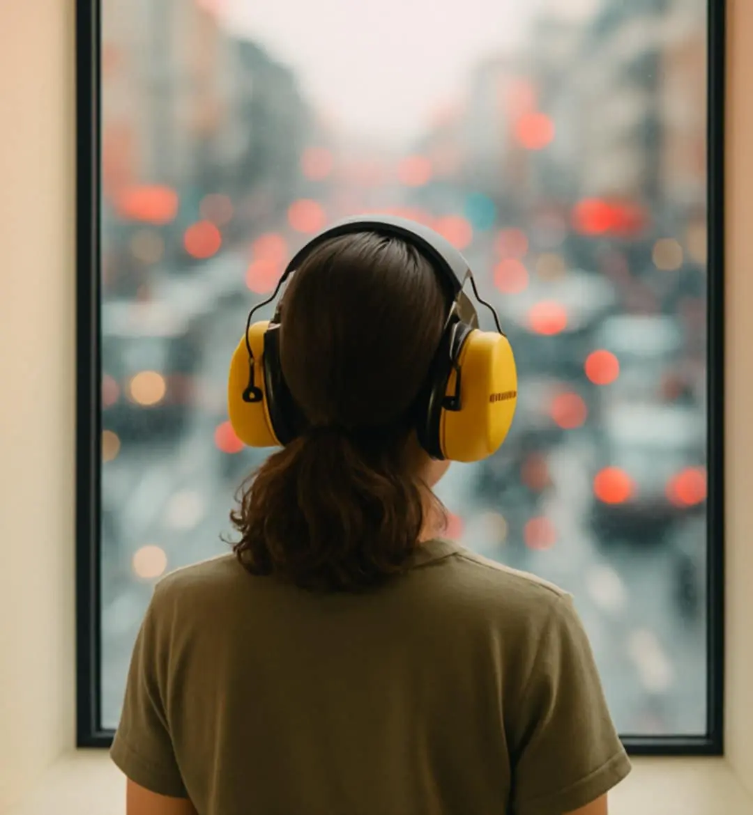 Femme de dos portant un casque antibruit, illustrant la protection auditive pour l'hyperacousie